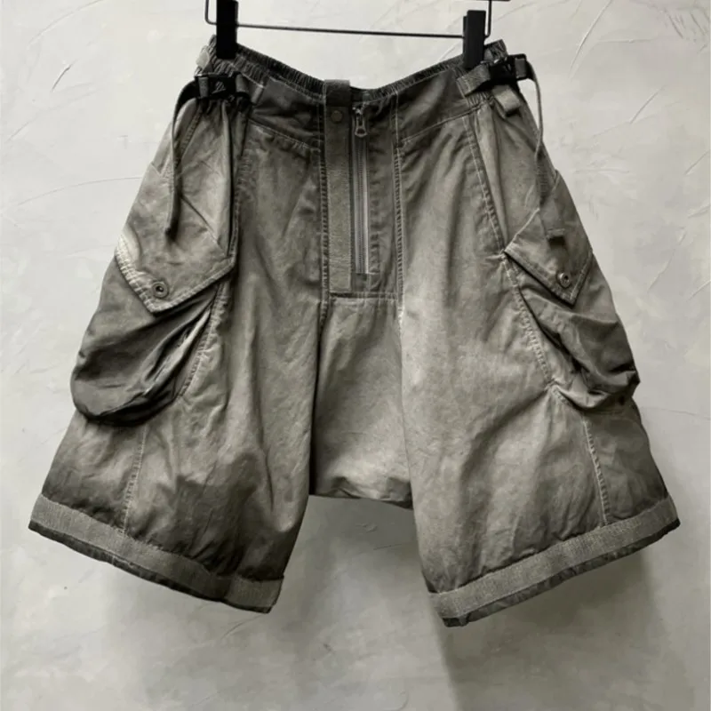 High Quality Avant-Garde Distressed Dirty Wash Wasteland Style Wear Patchwork Pocket Workwear Shorts Retro Shorts