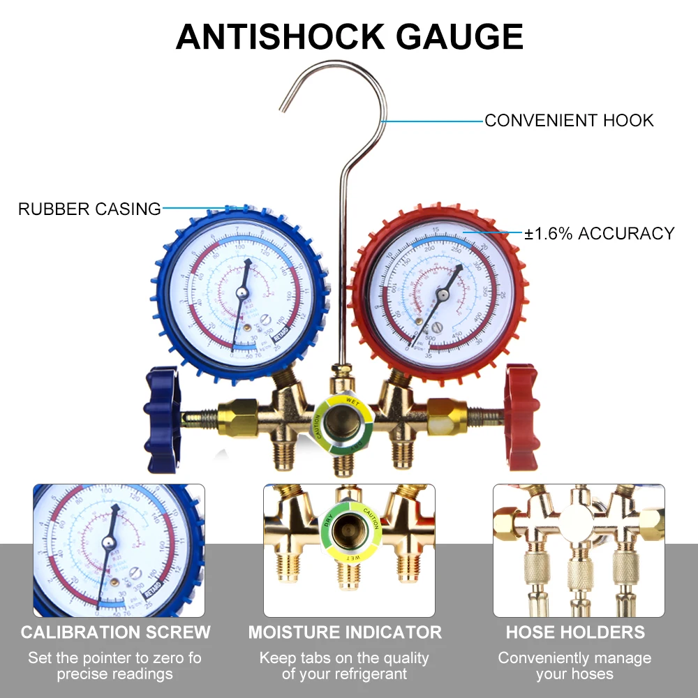 냉매 매니폴드 게이지 에어컨 냉동 세트, 호스와 후크가 있는 에어컨 도구, R404A R410A R22 R134A 용