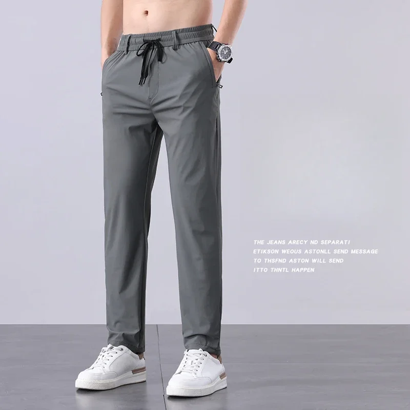 سراويل رجالية غير رسمية مستقيمة بقصة ضيقة وخصر مرن للركض كورية كلاسيكية صيفية رفيعة من الحرير الجليدي أسود ورمادي سراويل ماركة للرجال #4