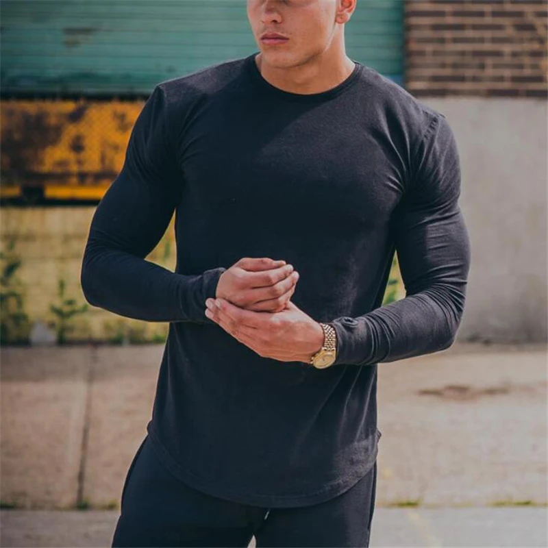 

Plain Autunm Sports Long Sleeve T-shirts Mens Cotton Gym Clothing Slim Fit Running T Shirts Bodybuilding Shirts Fitness Tee Tops