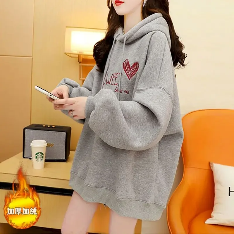 Fashion Plush Thicken Hoodies Womens Trend Korean Style Loose Casual Cute Hooded Jackets Large Size Coats Autumn Winter 2024 New