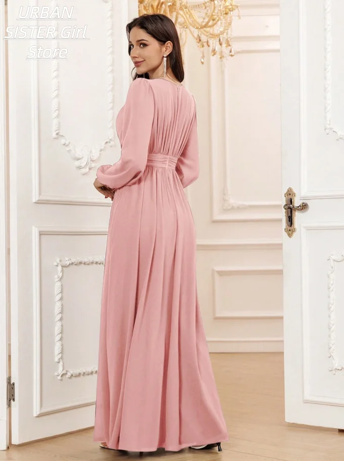 Gray-Pink Round-Neck Chiffon Long Gown with Pleated Front, Lantern Long Sleeves, Ruched Waist, and Flowing Design, Suitable for Muslim Women, Eid Celebrations, Wedding Guests, and Conservative Evening Wear