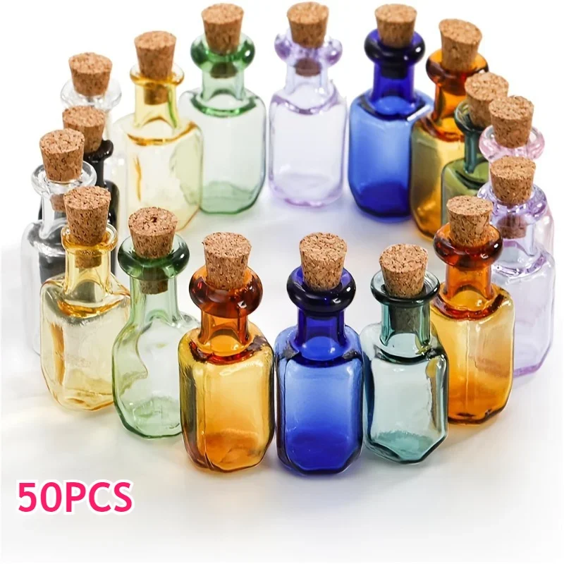 50 Tiny Spell Jars Colored Mini Glass Cork Bottles Decorative Square Cute Wishing Bottles Little Glass Vials with Corks Stoppers