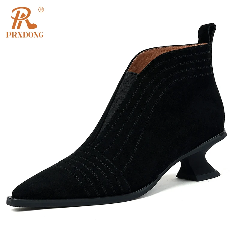 PRXDONG Genuine Leather Shoes Woman Ankle Boots Med Heels Pointed Toe Retro Black Brown Dress Party Female Lady Shoes Size 34-39