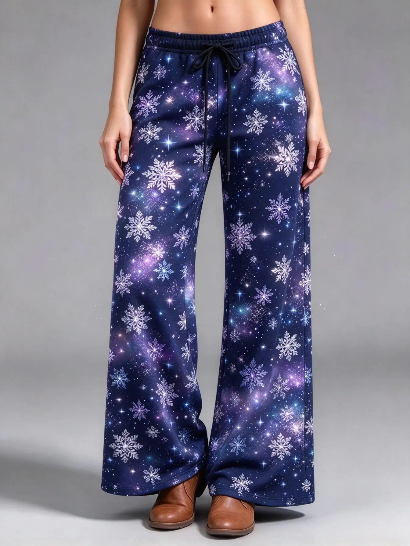 Ladies Low Rise Wide Leg Pants Xmas Shiny Snowflake Galaxy Graphic Print Soft Fleece Casual Party Trousers