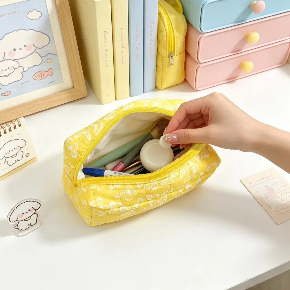Quilted Cosmetic Bag Large Capacity Floral Print Makeup Organizer Soft Cotton Butterfly Pattern Toiletry Bag Women Girls