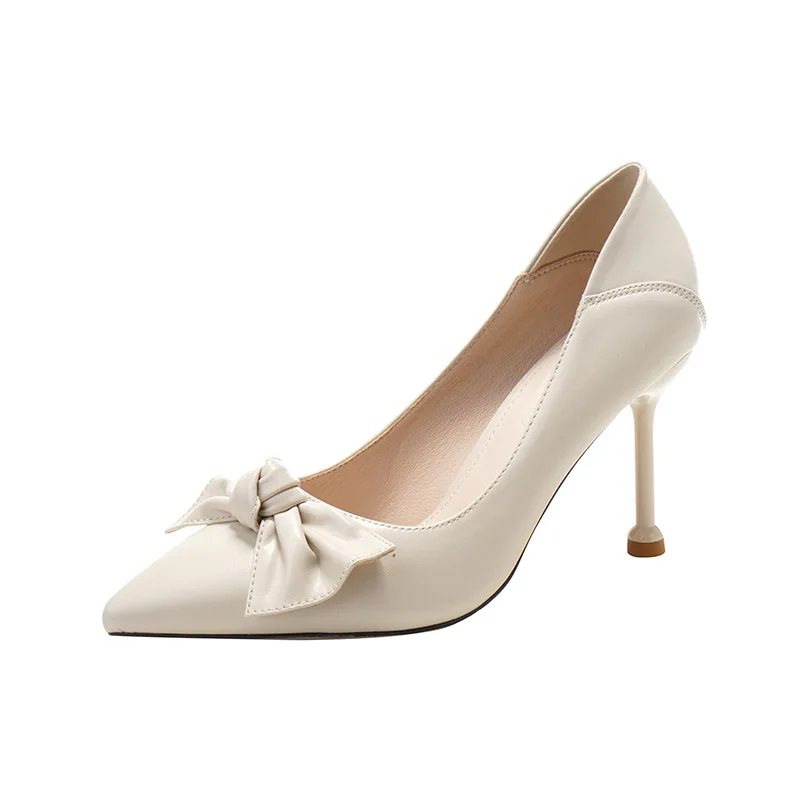 

2026 New Women White Pointed Toe High Heels Pumps with Bowknot Stiletto Slip-on Office Party Dress Shoes Size 31-43