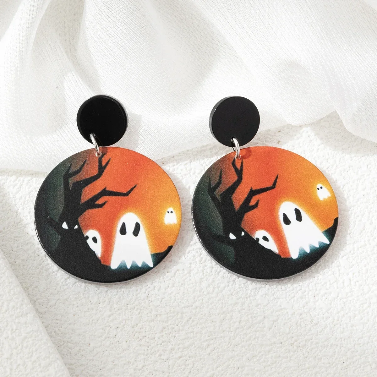 Boucles d'oreilles créoles en acrylique pour Halloween, toile d'araignée effrayante, chauve-souris, Aliments, lune, cercueil, amour, crâne, noir, amis