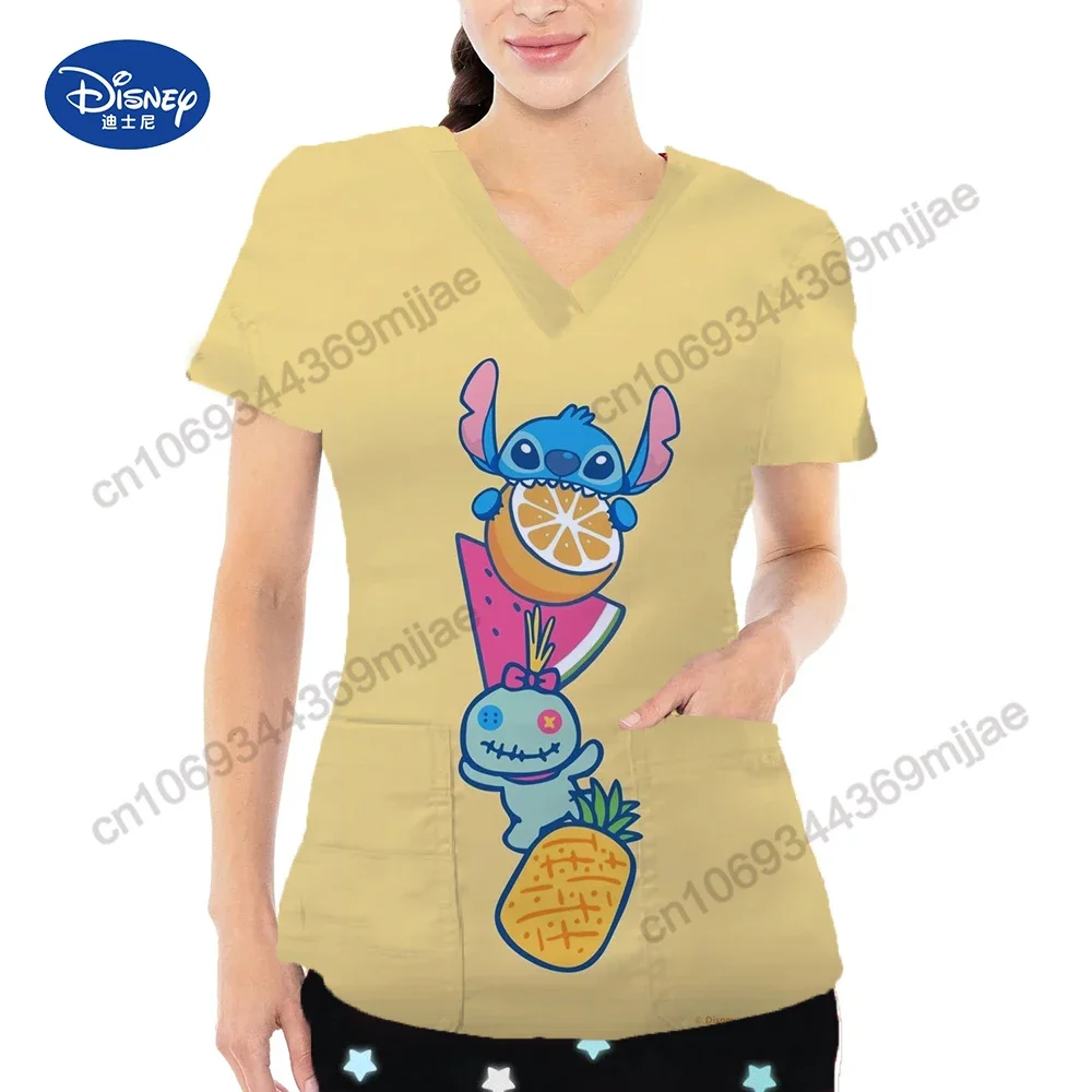 2024 Summer New Beautiful Disney Pattern Printed Women's Casual and Comfortable Nurse Dress V-neck Large Pocket Design Style Top