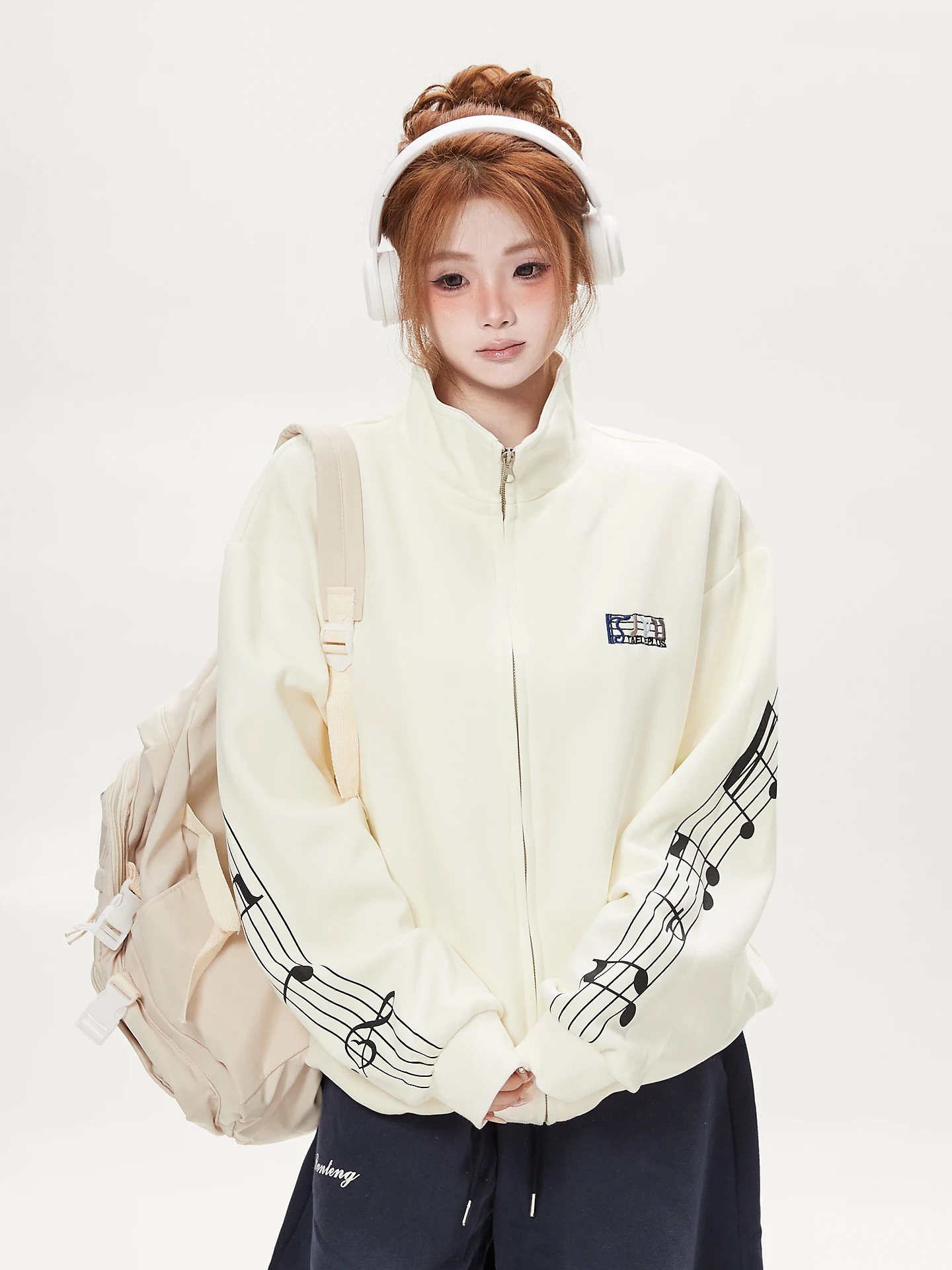 Loose Women's Zipper Sweatshirt Cardigan Embroidered Stand Collar Ant Pattern Casual Long Sleeve Rock Music Inspired Outerwear