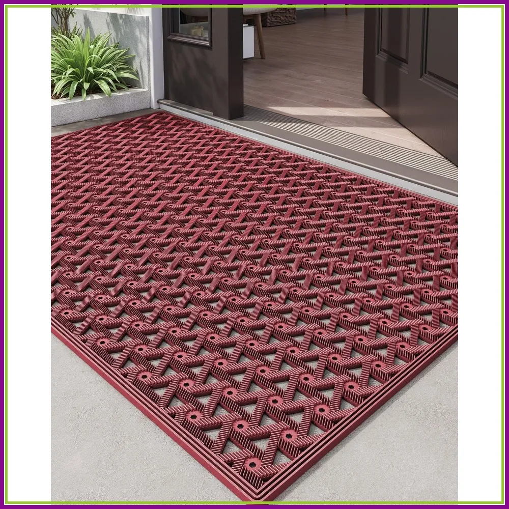 

Heavy Duty Non Slip Rubber Front Door Mat, Dirt Trapper Waterproof Exterior Entryway Mat for All Weather, Red 32x48