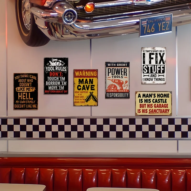 Retro Sarcastic Quote Signs 6pcs Set, Metal Plaques, Perfect for Decorating Men'S Dens, Mechanic Workshops, Or Garages. Humorous