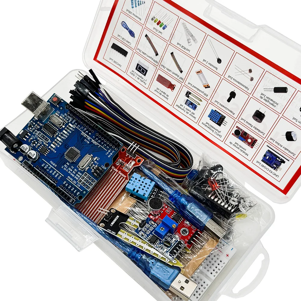 Elecrtonics-Kit básico divertido para Arduino Uno R3, placa de pruebas de 830 orificios, Kit de aprendizaje de arranque Dupont Elecrtonics