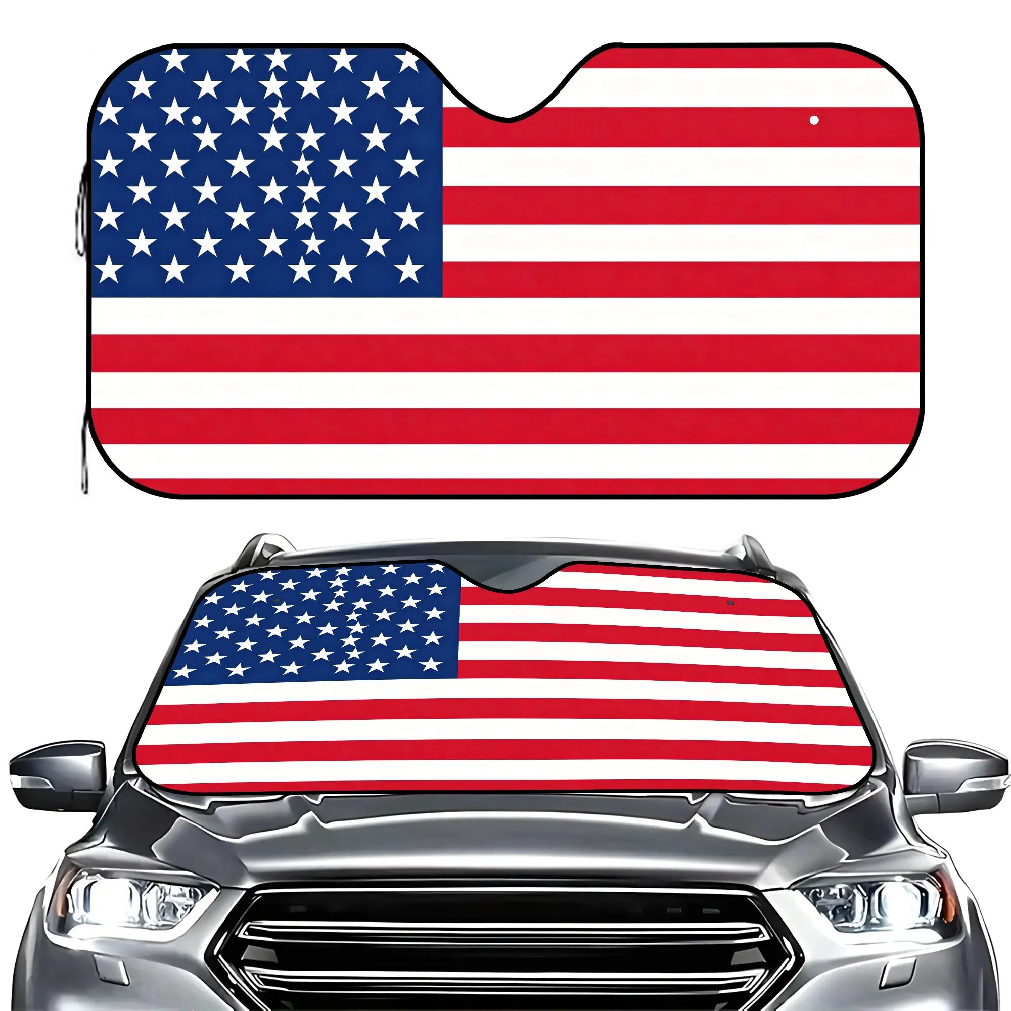 USA Flag Car Windshield Sun Shade, Reflective Aluminum Foil Heat Insulator UV Protector, Portable Foldable Sun Visor
