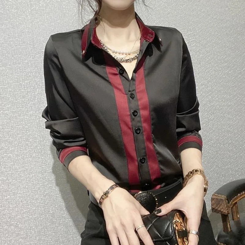 2023 Spring New Fashion Contrast Color Forged Material Shirt Office Lady Polo-Neck Long Sleeve Single Breasted Femme Slim Blouse