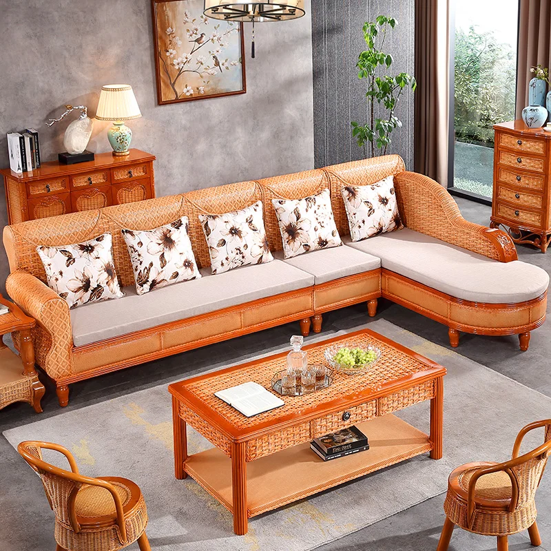 Rattan sofa living room combination three-piece solid wood woven corner sofa rattan furniture