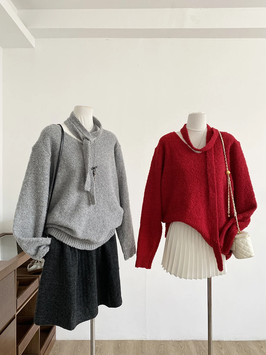 

2025 Autumn Winter Korean Style Commute Casual Loose Women's V-neck Sweater Comfortable Leisure Top Polyester Fiber