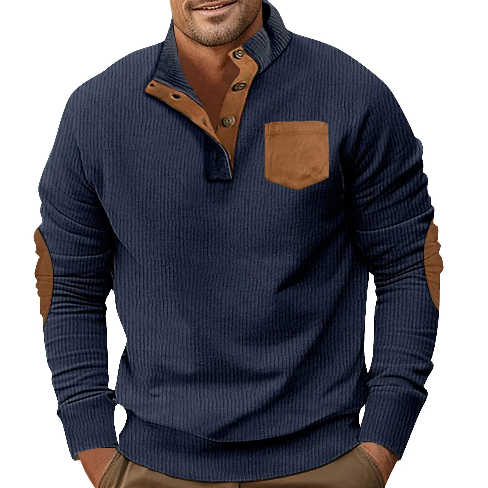 2023 Men Contrast Patchwork Sweatshirt Mens Hoodies Casual Loose Long Sleeve Sweatshirts Autumn Male Button Stand Collar Tops