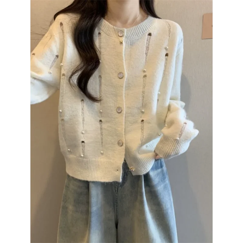 

2025 Spring and Autumn New Beaded Sweater for Women Lazy Style Chic Long Sleeve Knitted Cardigan