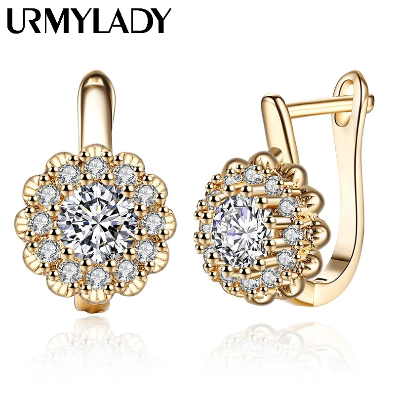 URMYLADY 925 Sterling Silver 18K Gold Flower Zircon Ear Clip Earrings for Women Wedding Party High Quality Fashion Charm Jewelry