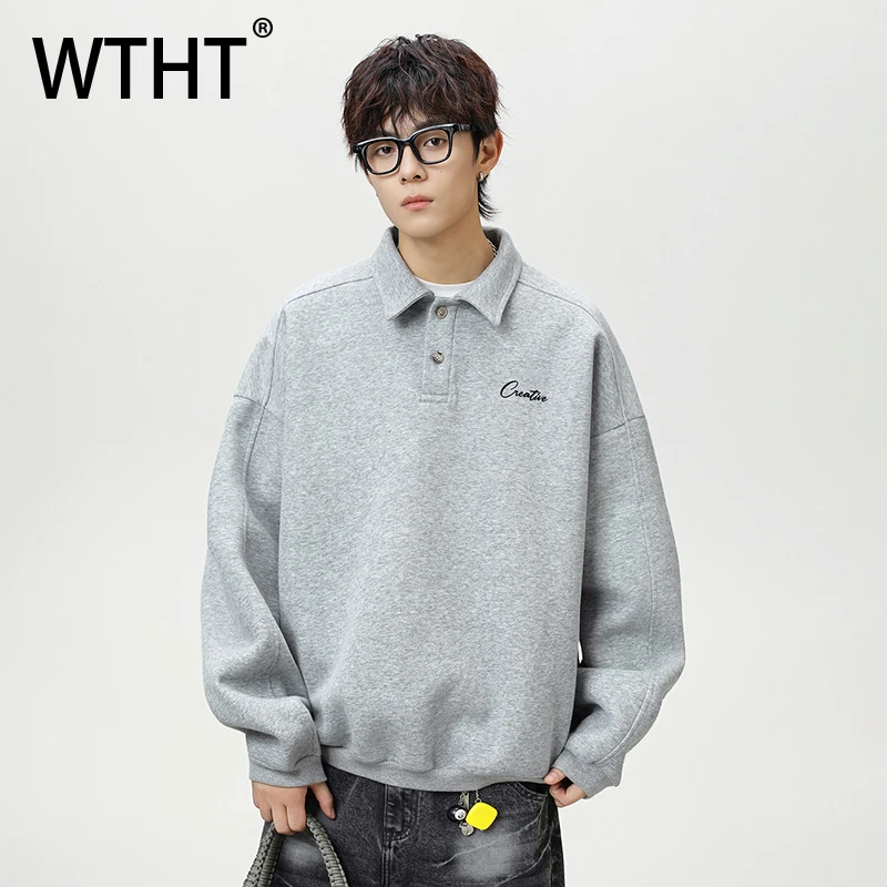 

Модная мужская футболка WTHT с вышивкой букв, однотонная, с комбинированным дизайном, весна 2026, с отложным воротником, повседневный пуловер, мужская модель 2A2709