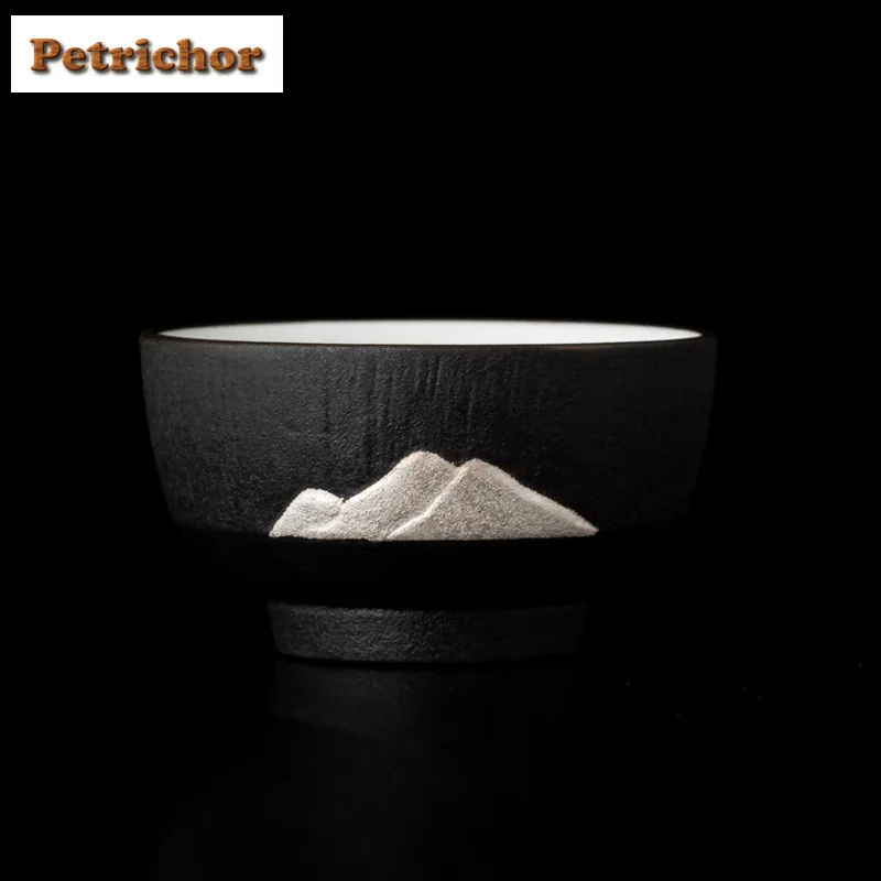 80ML Tracing Gold Silver Coarse Pottery Teacup Retro Tea Bowl Water Jug Tea-tasting Smelling Cup Jianzhan Master Cups Cafes Gift