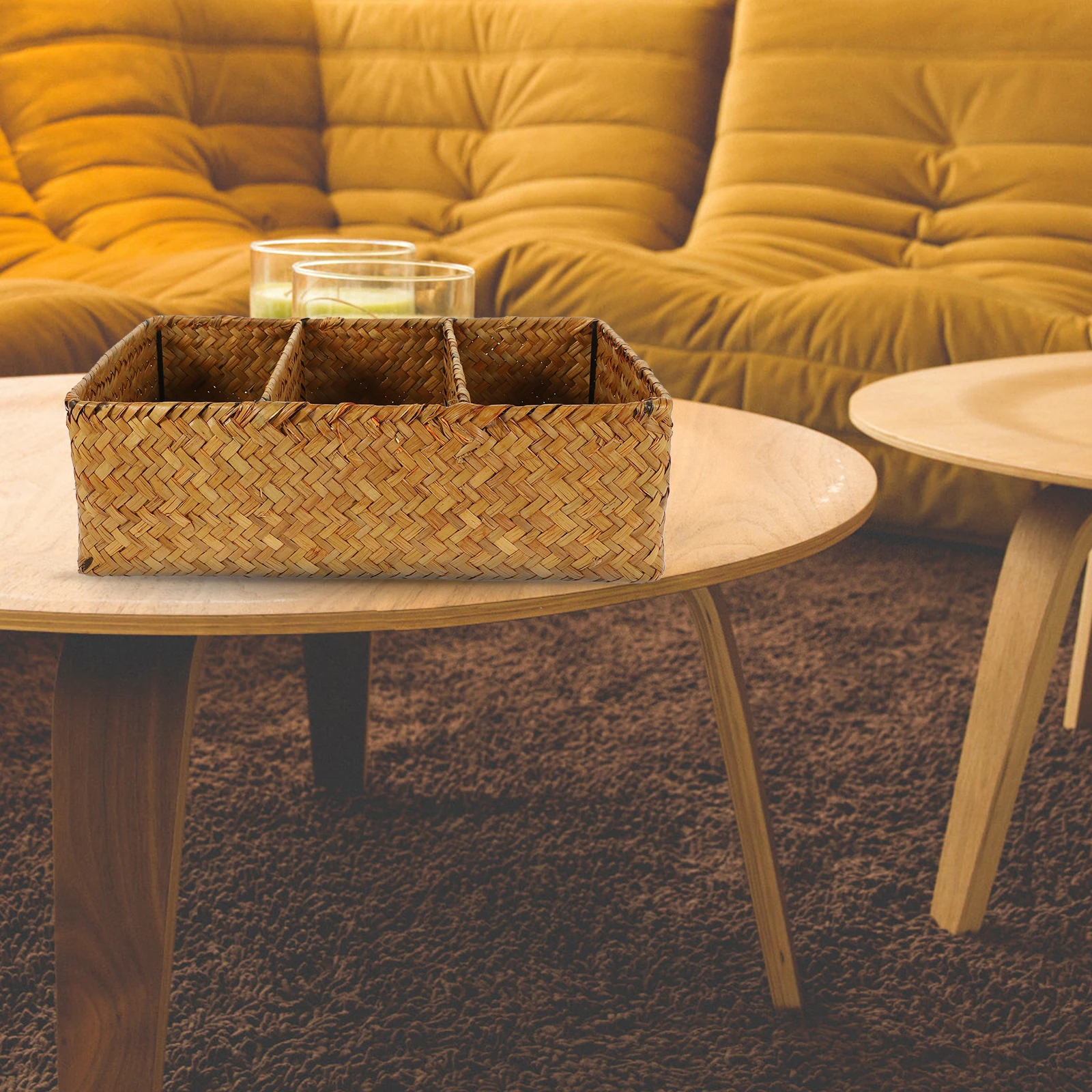 

Woven Storage Basket Multi-Function Desktop Organizer 3-Compartment Tabletop Sundries Holder Imitation Rattan Box For Home