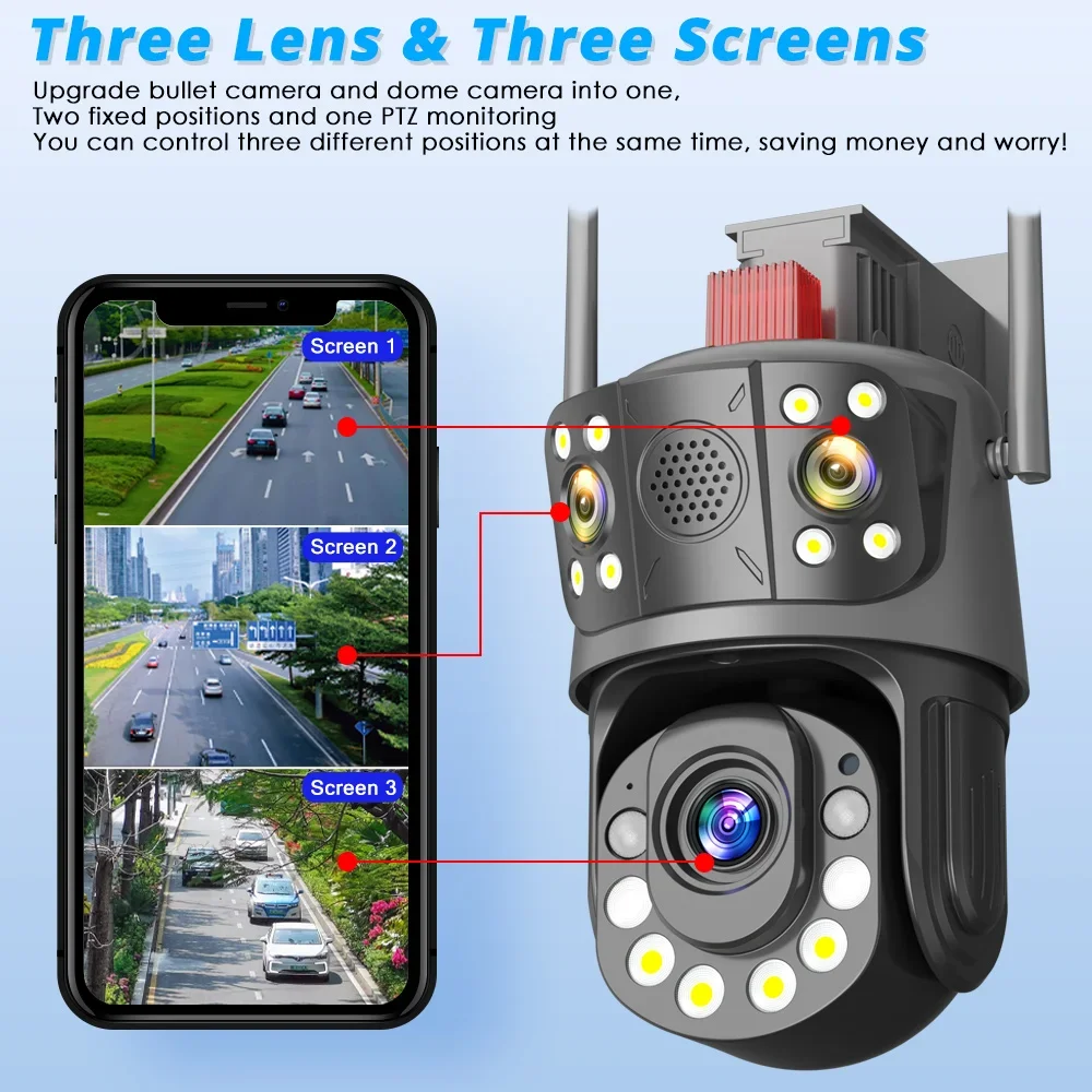 Smart 50x Optical Zoom Surveillance Camera WIFI 12MP 6K Three Screens Outdoor 360 Wireless Video Security IP Cameras CCTV iCSee