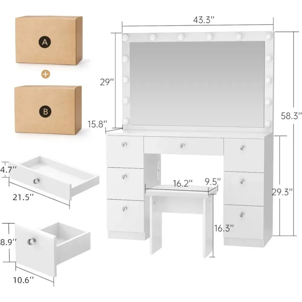 Vanity with Lighted Mirror - Makeup Vanity Desk with Power Outlet and 7 Drawers, 3 Color Lighting Modes Adjustable Brightness