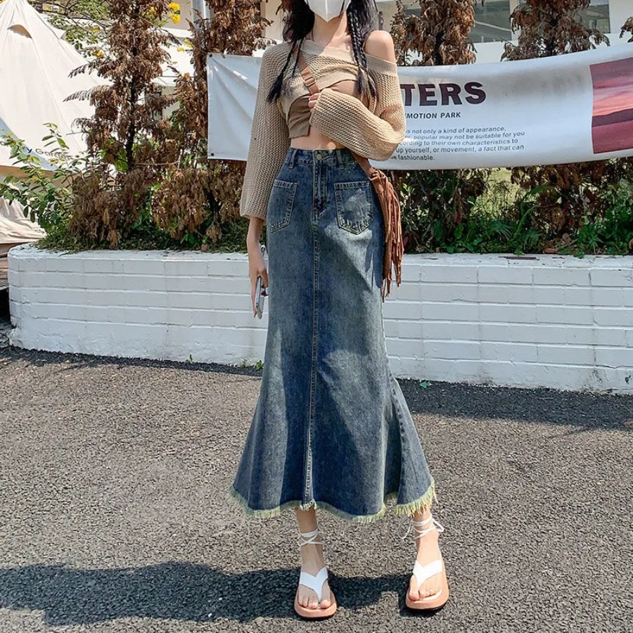 

【HOT】Vintage blue fishtail dress medium and long high-end all-matching small man to show height and high waist denim half-lengt