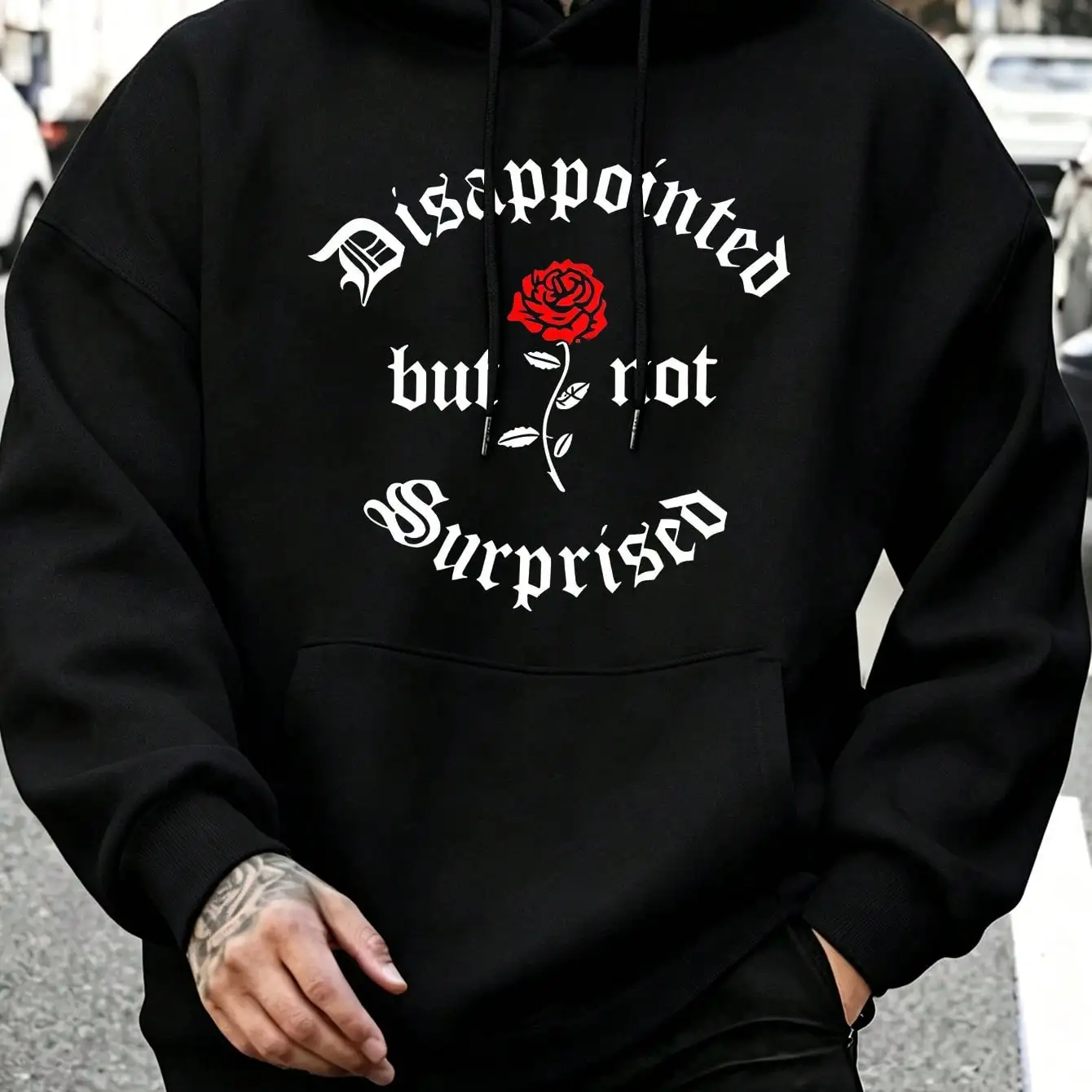 1pc Unisex Hoodie Rose Lettering Print Black Hoodie, Hoodies For Men Lightweight Polyester Material, Drawstring Hoodie, Machine
