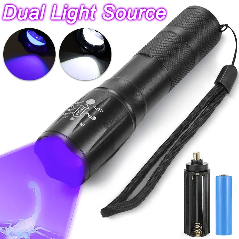 

2-In-1 Ultraviolet White Lamp Double Lamp Retractable Flashlight LED Zoom Light UV Pet Urine Stain Detector Outdoor Hunting Tool