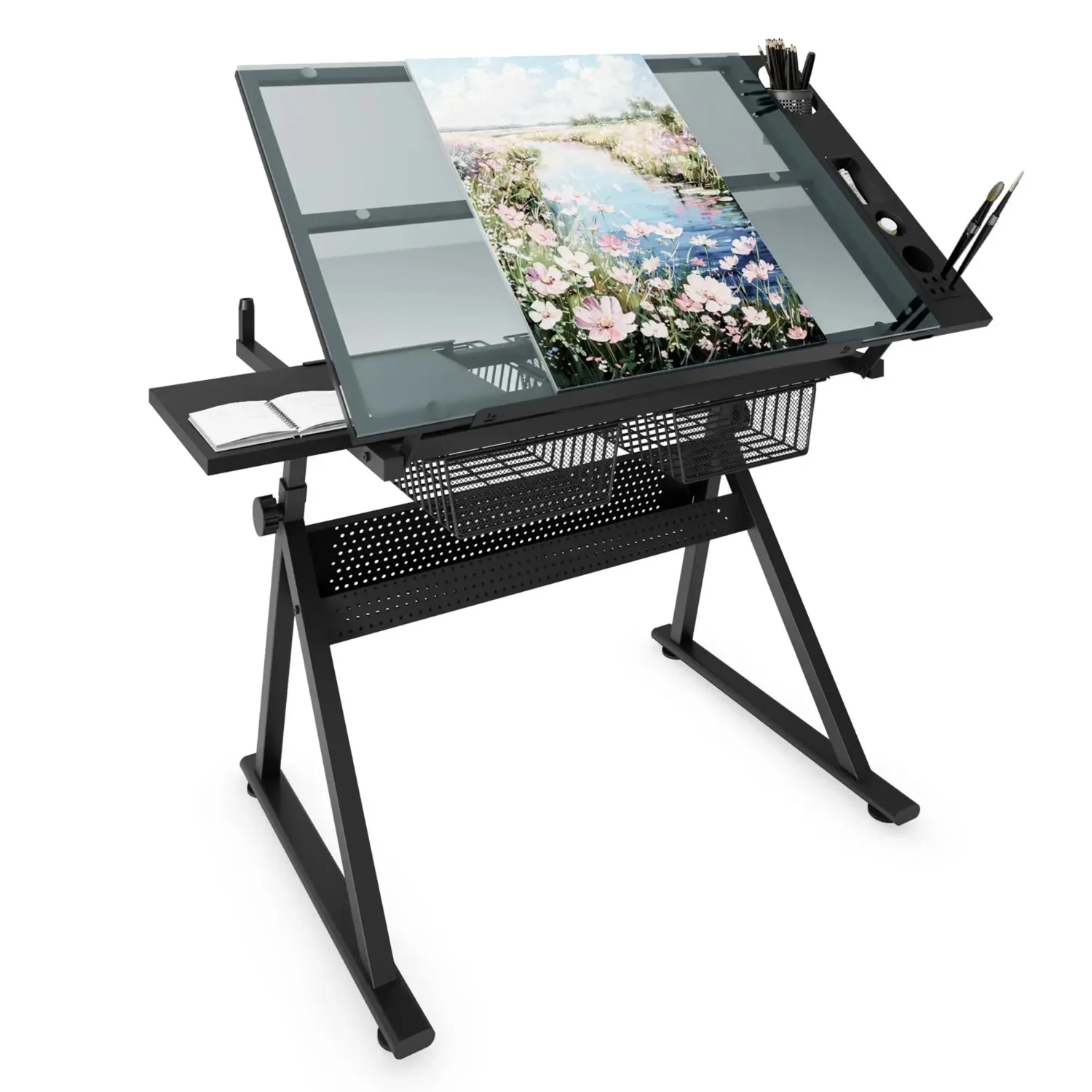 Drafting Table Desk with Storage, Art Table for Adults | 0°–70° Adjustable Angle Fiberglass Top Art Desk, Adjustable