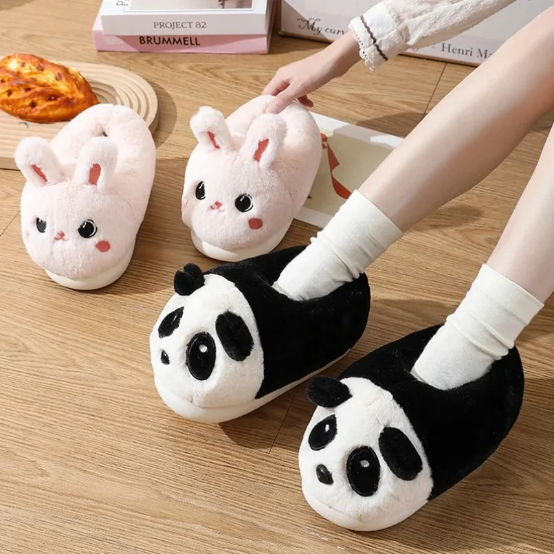 Home Fuzzy Slipper Women Winter Warm Panda Frog Cartoon Fur Plush Indoor Female Thermal Furry House Shoe Funny Flat Flip Flop