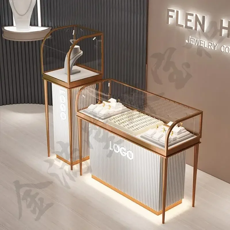 Stainless Steel Curved Jewelry Display Cabinet Gold Jewelry Watches Jade Jade Antique Store Product Display Direct Sales
