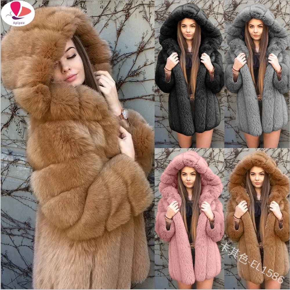 APIPEE 2024 ใหม่ล่าสุด Fluffy Hooded Faux Fur Coat ผู้หญิงฤดูหนาวเสื้อหนาแขนยาวเสื้อขนสัตว์ฤดูหนาวเสื้อขนสัตว์