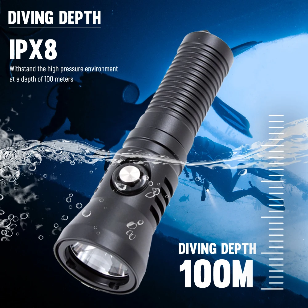 Asafee LED Scuba Diving Flashlight Waterproof Canister Lightweight Torch 100M Underwater Lamp Spotlight Deep Lantern Outdoor