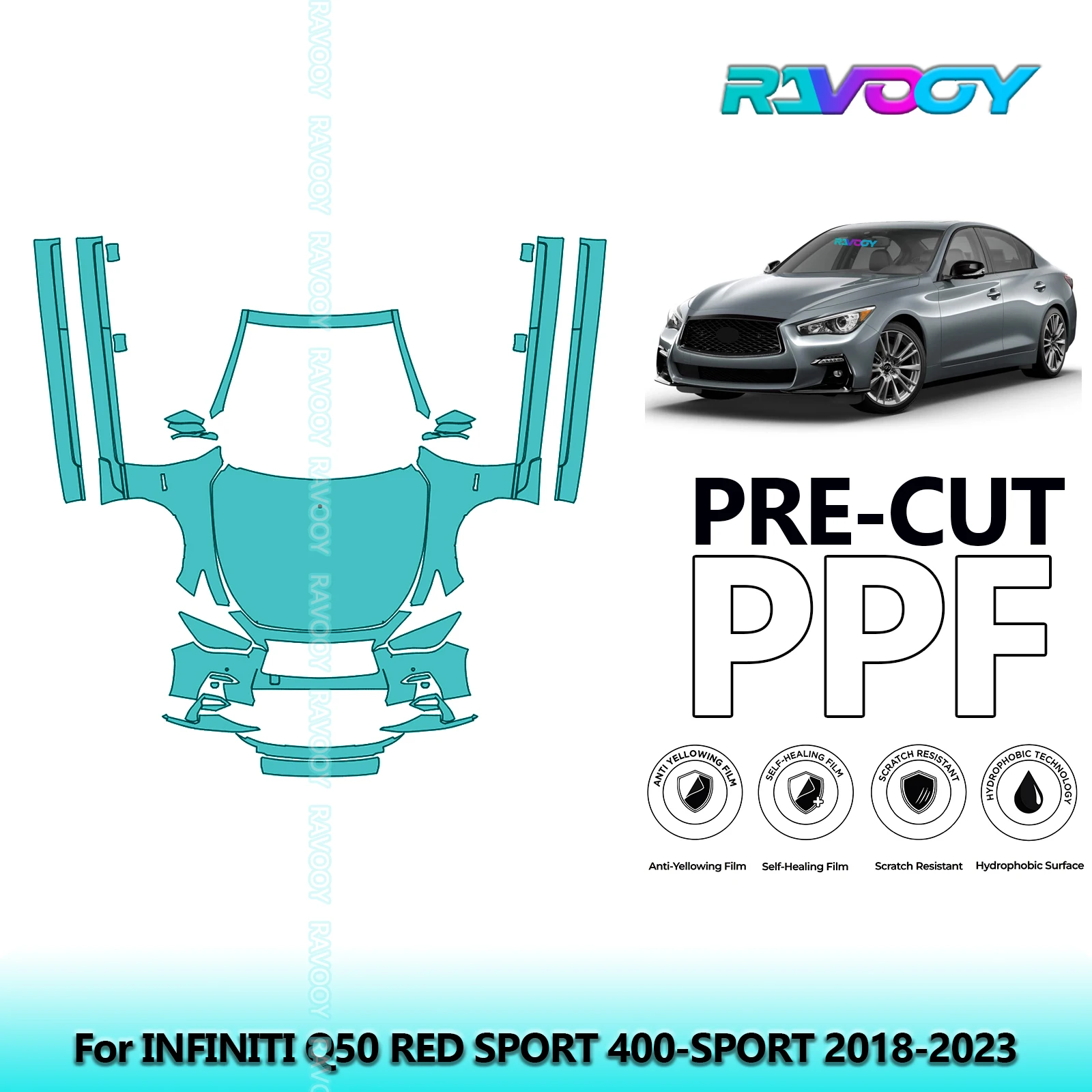 

8.5Mil Precut Paint Protection Film PPF Clear Bra Front Kit+Rockers For INFINITI Q50 RED SPORT 400-SPORT 2018-2023