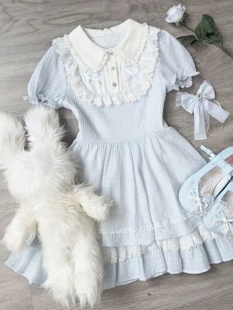 일본 로리타 레이스 패치워크 스위트 드레스 여성 카와이 소녀 러플 로브 여름 귀여운 베스티도스 Y2k 에스테틱 플리츠 드레스