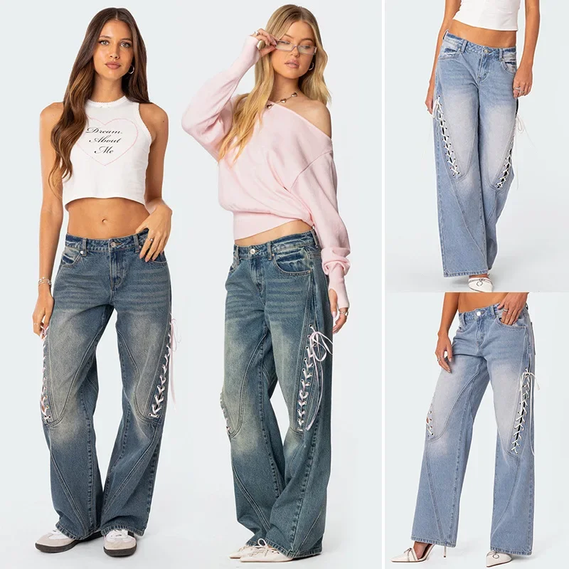 2025 American Street Style Fashion Side Eyelet Lace-Up Low Waist Straight Jeans Hot Girl Versatile Slimming Casual Long Pants