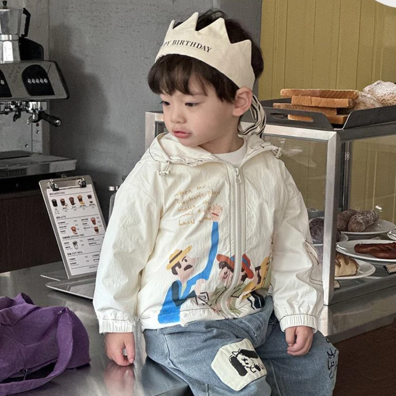 Boys Beige Coat Spring Summer Cartoon Printing Handsome Hooded Windbreak Jacket for 2-8 Years Kids Sports Leisure Thin Outerwear
