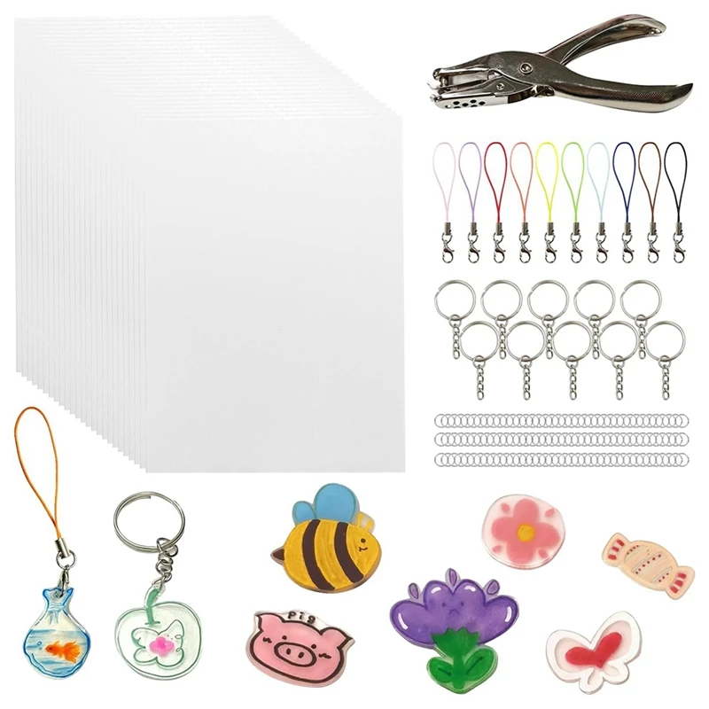 Shrink Paper Keychain Kit,Shrink Sheets Kit com 25 Shrink Paper, 121 Anel de Ferro Aberto, Hole Punch, 146Pcs