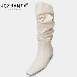 JOZHAMTA Size 33-40 Knee High Boots For Women Ruched Real Leather Comfort Chunky Heels Shoes Wide Calf Pull On Long Tall Boots