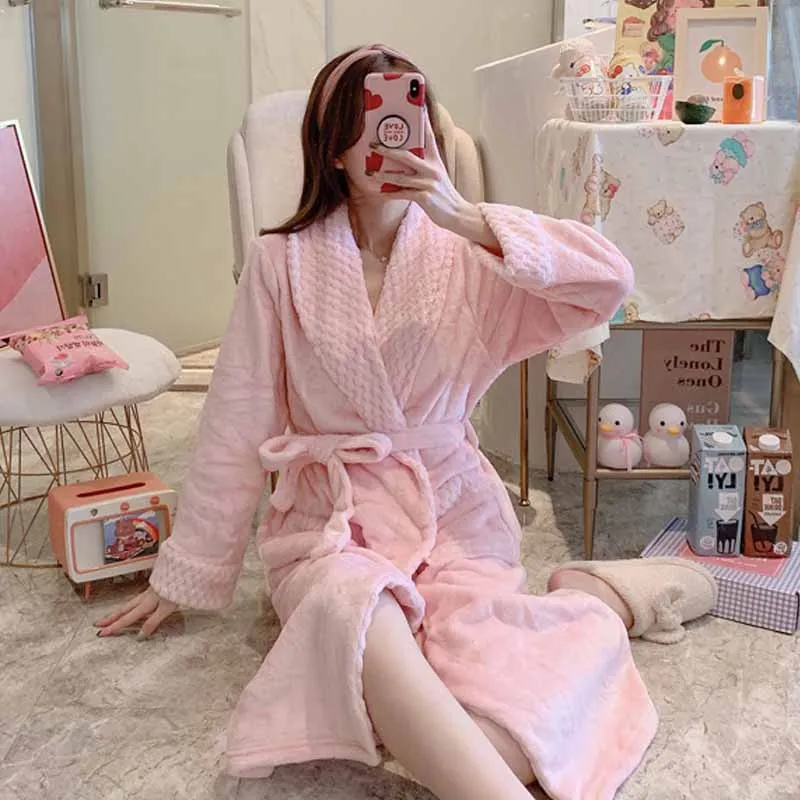 

Flannel Simple Comfortable Sleepwear Robe Women Autumn Winter Casual Warm Long Sleeved Nightgown Bathrobes Coral Fleece Homewear