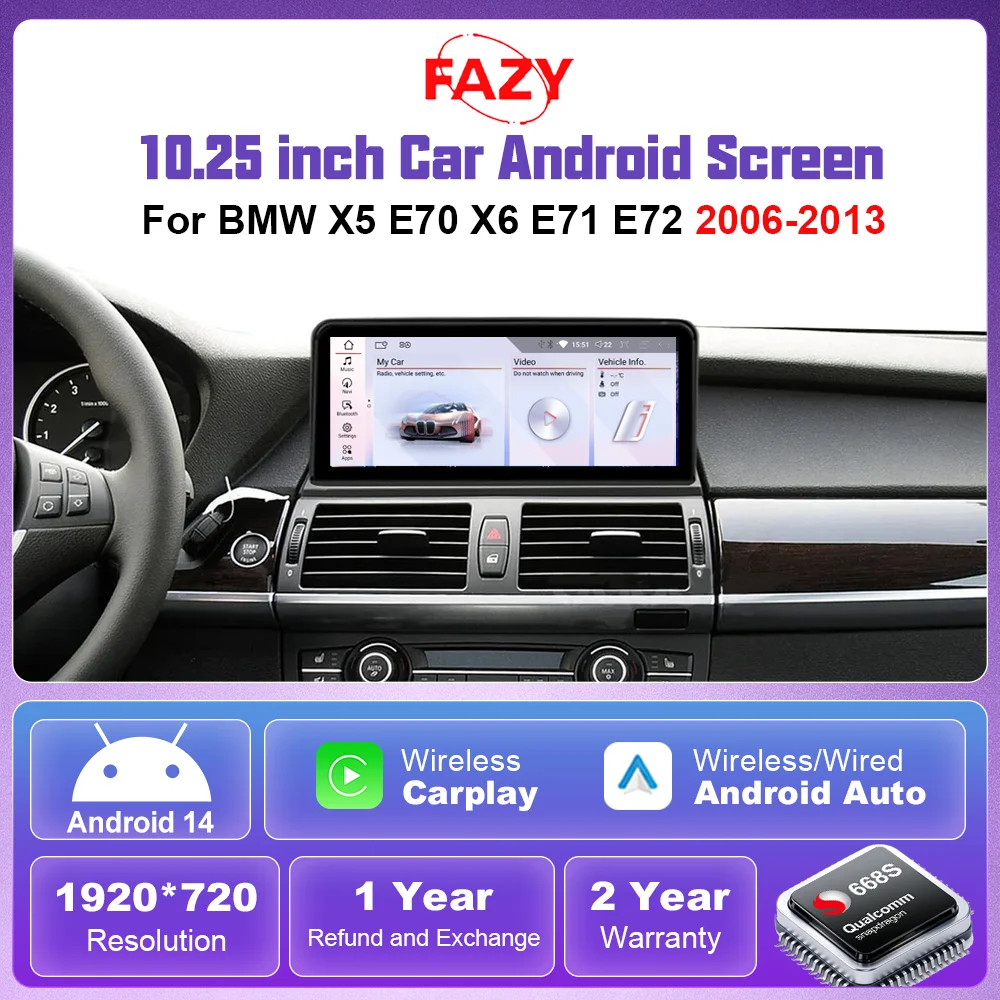 Wireless CarPlay Android 14 Multimedia Display Screen For BMW X5 E70 X6 E71 E72 2006-2013 CCC CIC Android Auto GPS Navi WiFi DSP