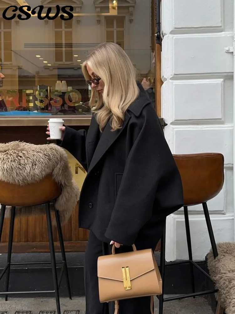 

Элегантное шерстяное пальто с лацканами, свободные однотонные однобортные женские куртки с длинными рукавами и карманами, осень 2021, модная уличная женская верхняя одежда
