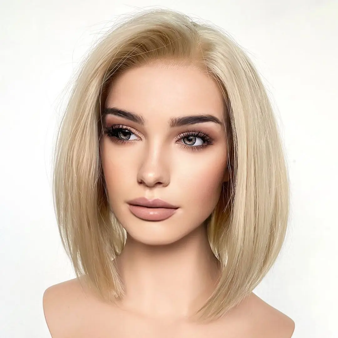 Fantasie Schoonheid Korte Bob Champagne Blonde Zijdeachtige Rechte Kanten Pruiken Voor Synthetisch Haar Voor Zwarte Vrouwen Transparante Kanten