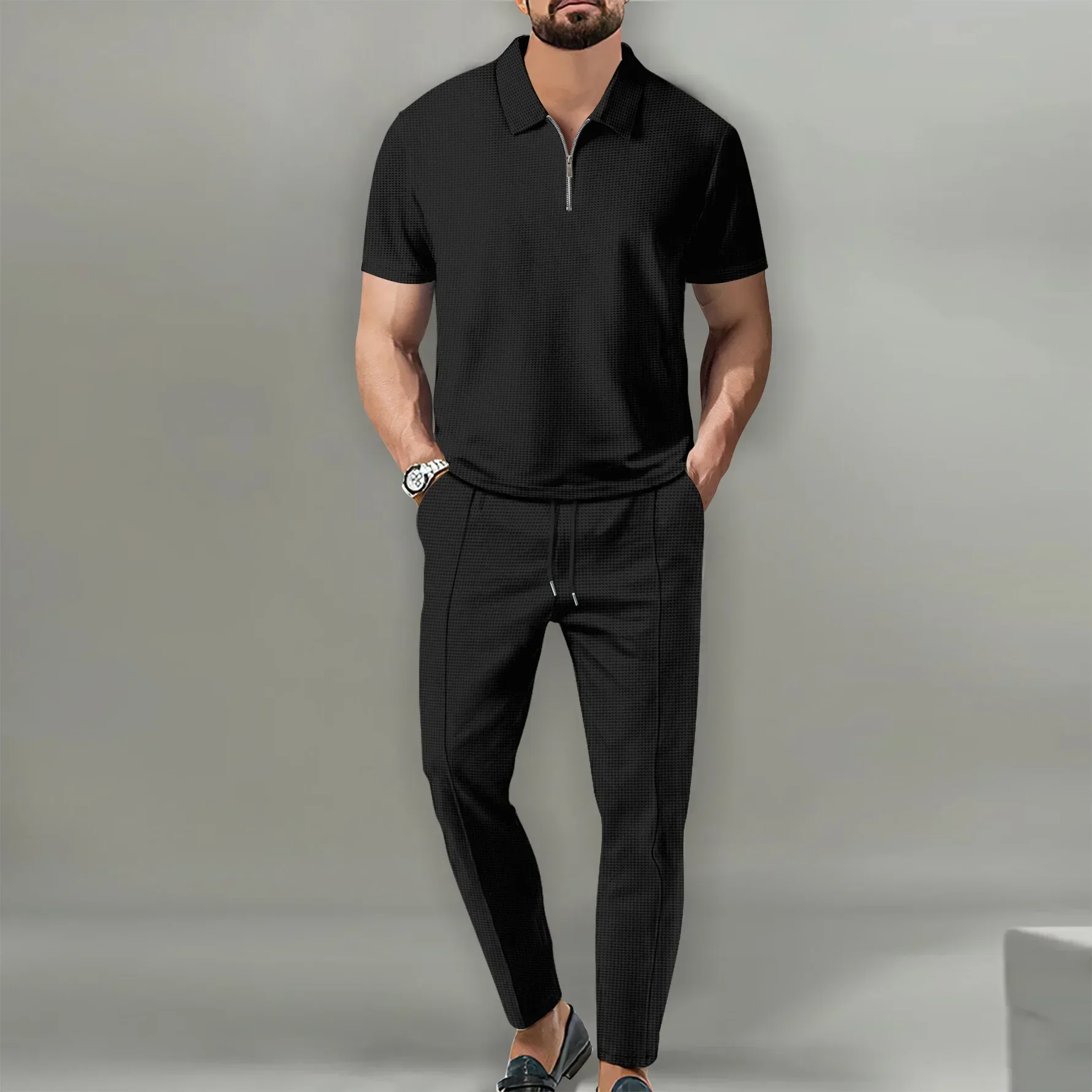 

2026 Autumn New Men's Waffle Set Solid Color Casual Two Piece Outfit Short Sleeve Zipper Hoodie and Pants Tracksuit