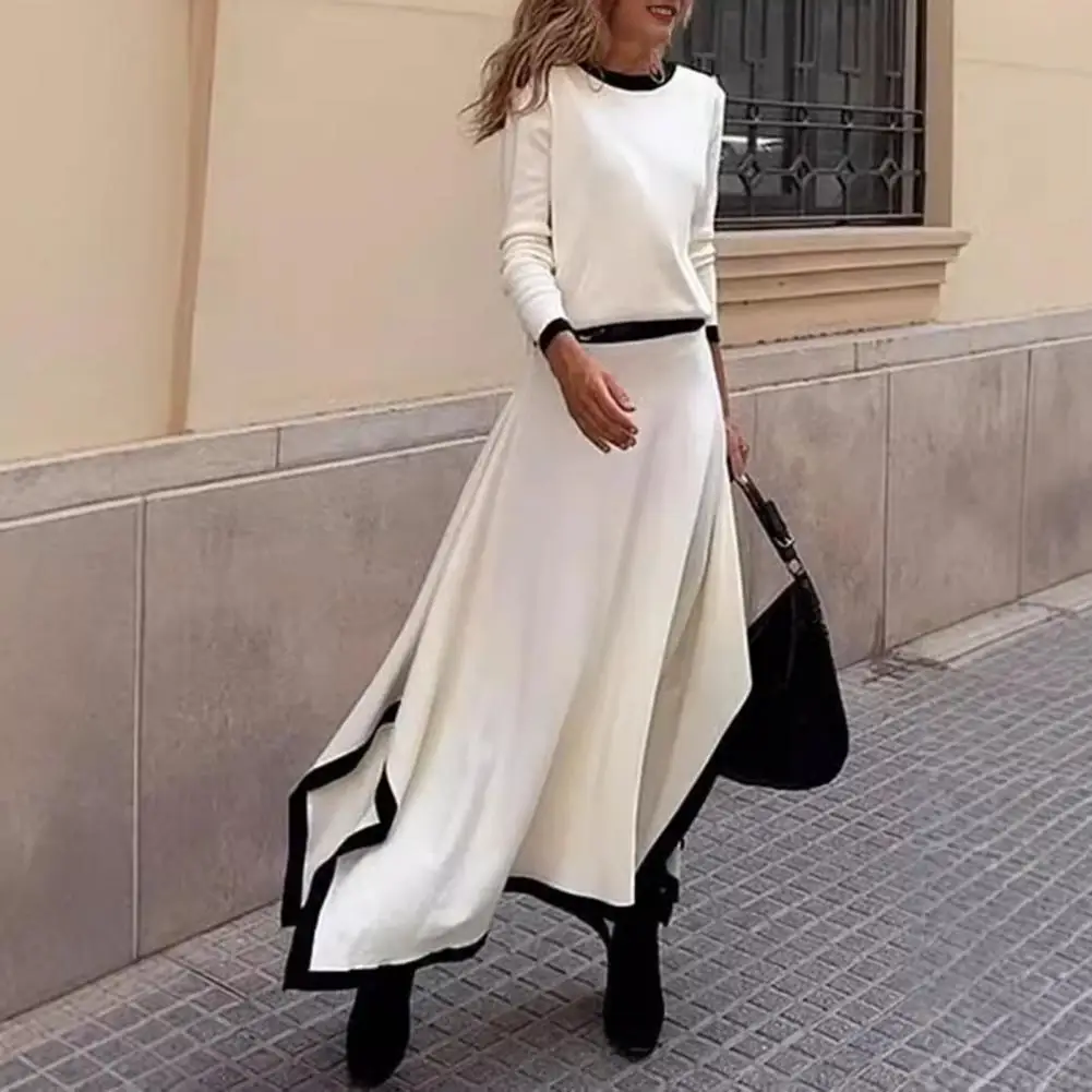 

Spring Maxi Skirt Elegant Women's Round Neck Long Sleeve T-shirt Maxi Skirt Set With High Elastic Waist Irregular Hem Solid