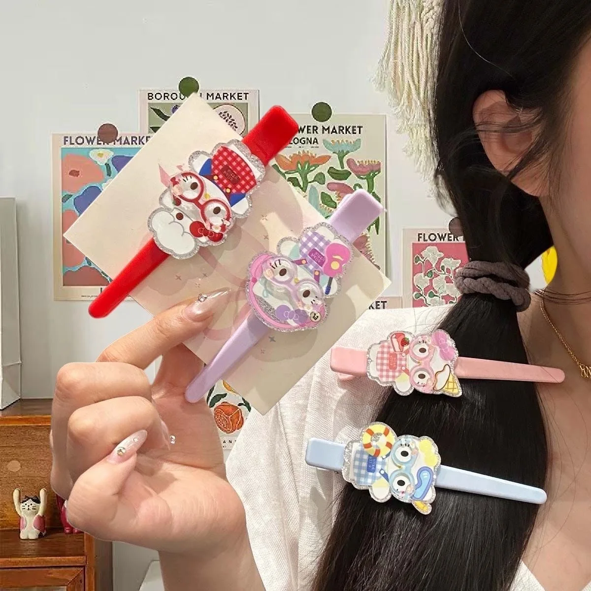 

Заколка для волос Sanrio с рисунком «Hello Kitty», милое сердце, модная универсальная декоративная заколка для волос с челкой, подарок для девочек, периферийные устройства в стиле аниме, заколка для волос